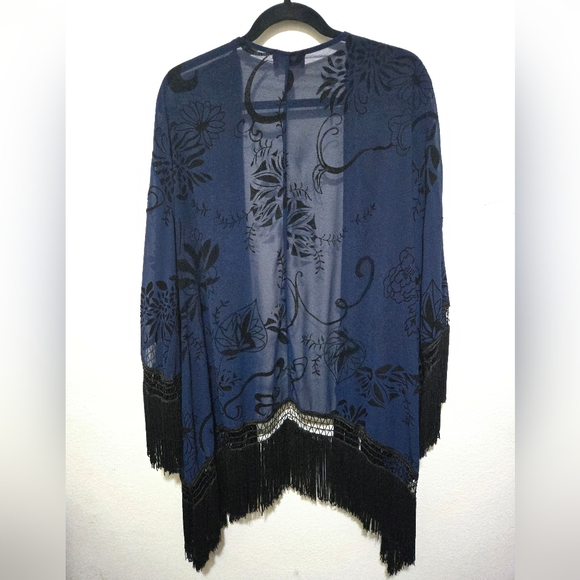 ASTR Sheer Blue Kimono with Black Velvet Pattern and Fringe Size M to L - Picture 2 of 9